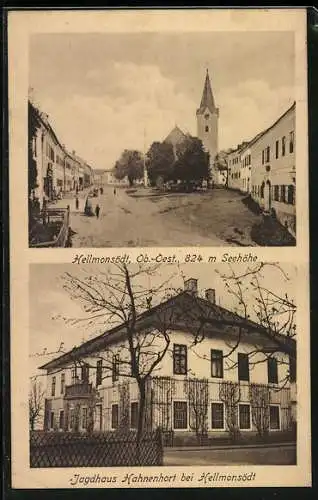 AK Hellmonsödt /Ob.-Oest., Jagdhaus Hahnenhort, Hauptplatz mit Kirche