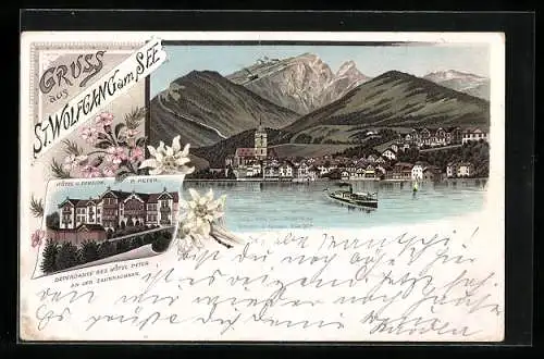 Lithographie St. Wolfgang am See, Hotel und Pension P. Peter, Panorama