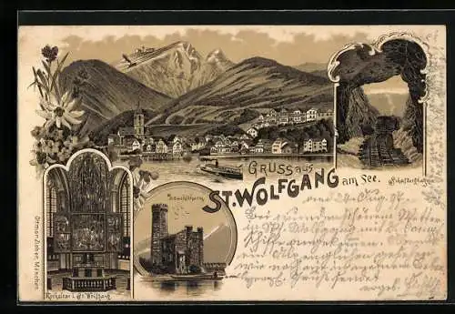 Lithographie St. Wolfgang, Leuchtthurm, Hochaltar in der Kirche St. Wolfgang, Schafbergbahn