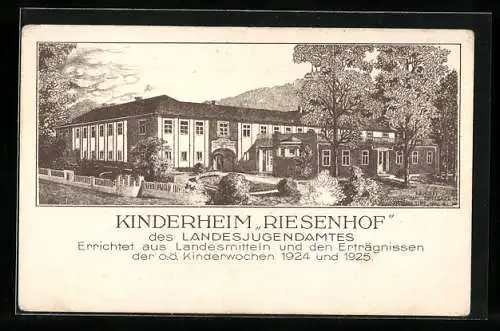 Künstler-AK Linz, Kinderheim Riesenhof des Landesjugendamtes