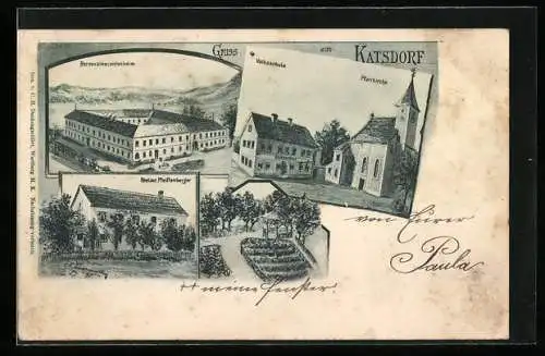 AK Katsdorf, Restaurant Pfeiffenberger, Volksschule und Pfarrkirche, Reconvalescentenheim