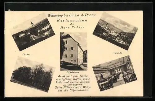 AK Wilhering bei Linz a. d. Donau, Restaurant des Hans Pichler, Stiftstaverne, Ortsansicht