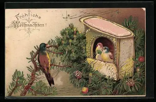 AK Weihnachtsgruss, Vögel sitzen in einem Lebkuchenhaus am Tannenbaum