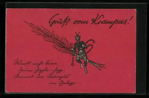 AK Kleiner Krampus mit Rute und Eisenkette