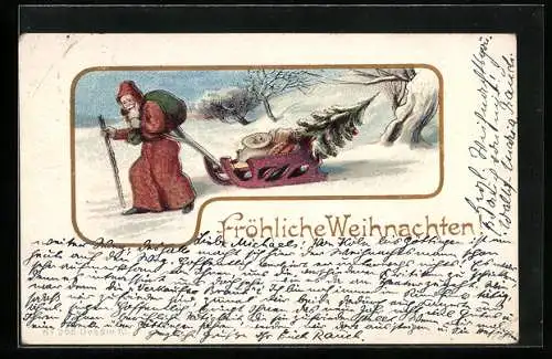 AK Weihnachtsmann zieht Schlitten mit Geschenken durch den Schnee