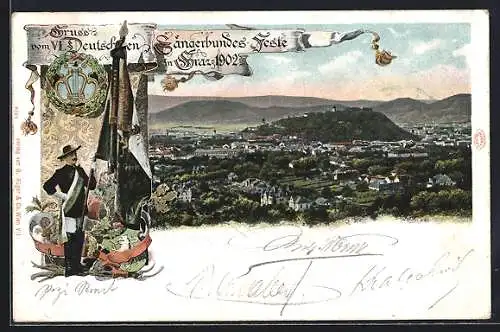 AK Graz, VI. Dt. Sängerbundesfest 1902, Stadtpanorama, Sänger mit Fahne