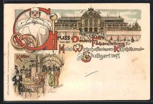 Lithographie Stuttgart, Deutsche Fachausstellung für Hotel-Wirtschaftsw. & Kochkunst 1897, Restaurant