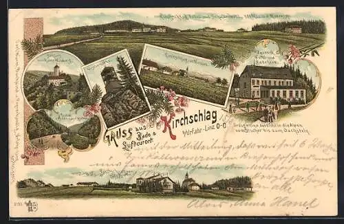 Lithographie Kirchschlag bei Linz, Zauner`s Hotel und Badehaus, Schloss und Ruine Wildberg, Giselawarte