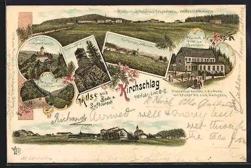 Lithographie Kirchschlag bei Linz, Hotel & Badehaus Zauner, Giselawarte, Ortsansicht