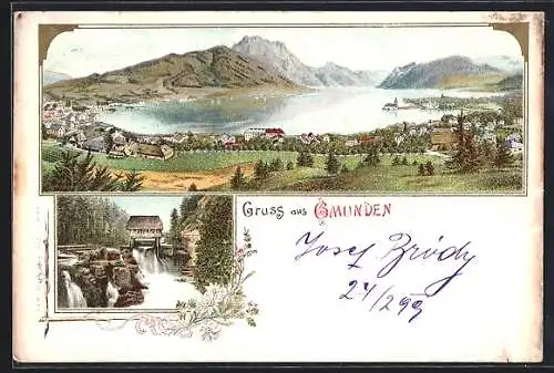 Lithographie Gmunden, Ortsansicht und Flusspartie