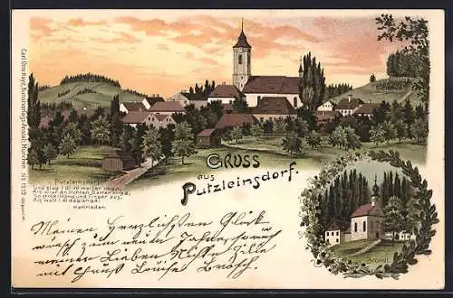 Lithographie Putzleinsdorf, Ortsansicht mit Dämmerung, Bründl