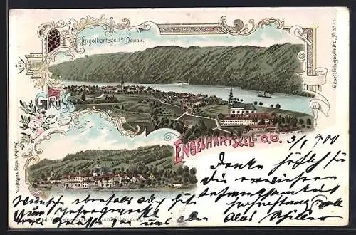 Lithographie Engelhartszell a./Donau, Panorama mir grünen Bergen