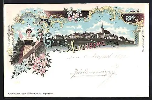 Lithographie Altenberg b. Linz, Ortsansicht und Dame in Tracht