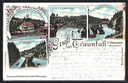 Lithographie Gmunden, Gasthaus zum Traunfall, Schiffahrtskanal, Oberer Wasserfall