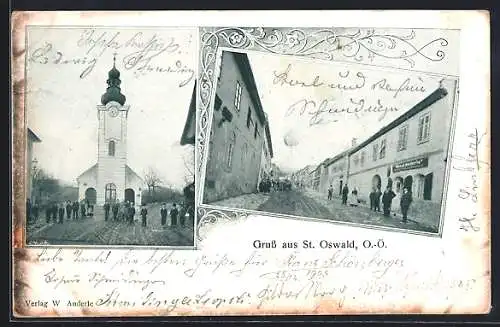 AK St. Oswald /O. Ö., Geschäft Wenzl Anderle, Partie an der Kirche