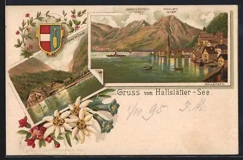 Lithographie Hallstatt, Gasthaus Gosau-Mühle, Ortsansicht mit Zwölferkogel u. Hierlatz, Wappen