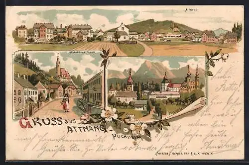 Lithographie Attnang-Puchheim, Teilansicht, Strassenpartie mit Kirche, Ortspartie