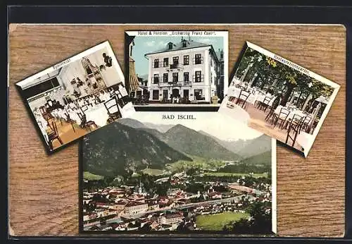 AK Bad Ischl, Hotel & Pension Erzherzog Franz Carl mit Speisesaal und Restaurantgarten im Holz-Passepartout