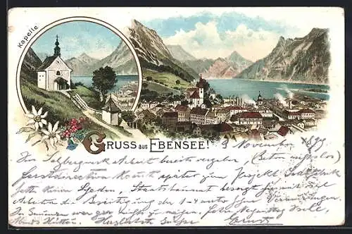 Lithographie Ebensee, Kapelle, Ortsansicht