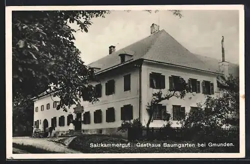 AK Gmunden /Salzkammergut, Gasthaus Baumgarten mit Pferdekarren