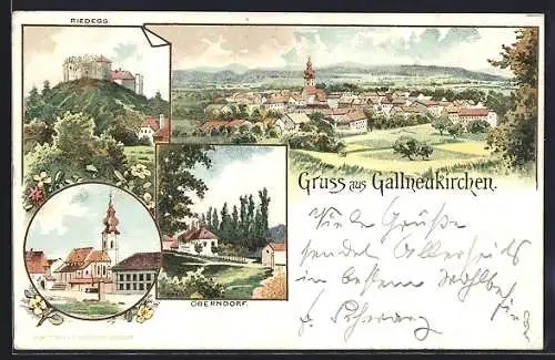 Lithographie Gallneukirchen, Ortspartie mit Kirchblick, Ortsansicht, Riedegg, Oberndorf