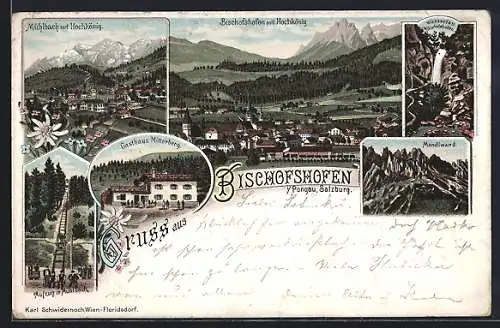 Lithographie Bischofshofen, Totalansicht mit Mühlbach und Hochkönig