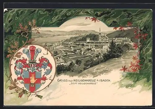 Lithographie Heiligenkreuz b. Baden, Stift Heiligenkreuz, Passepartout mit Wappen