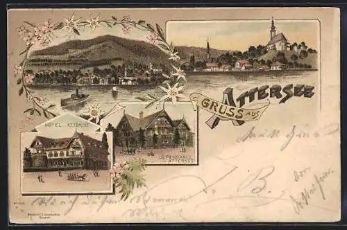 Lithographie Attersee, Hotel Attersee und Dependance, Ortsansicht