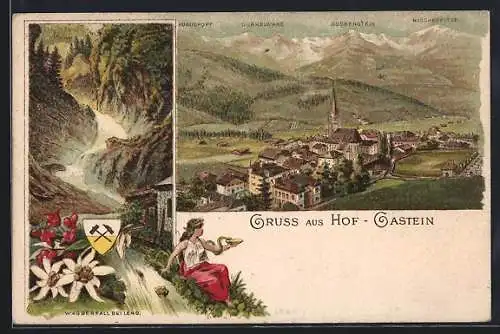 Lithographie Hofgastein, Ortsansicht gegen Guckenstein, Wasserfall bei Lend