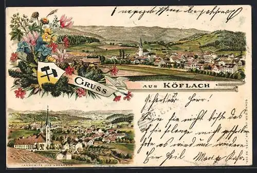 Lithographie Köflach, Ortsansichten aus verschiedenen Himmelsrichtungen, Wappen und Blumenstrauss