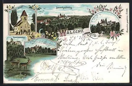 Lithographie Walding b. Linz, Totalansicht mit Kirche und Ruine Lichtenhag