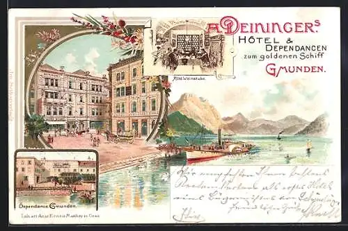 Lithographie Gmunden, A. Deiningers Hotel & Dependancen zum goldenen Schiff