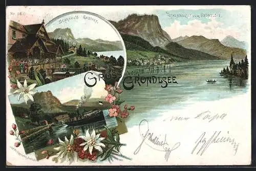 Lithographie Grundlsee, Schraml`s Gasthof, Totalansicht