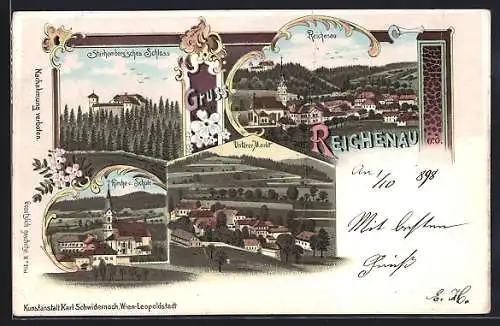 Lithographie Reichenau, Blick über den Ort, Unterer Markt, Starhemberg'sches Schloss