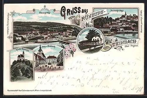 Lithographie Grünburg /O.-Oe., Grünburg und Steinbach, Ansichten Platz in Steinbach und Kirche Grünburg