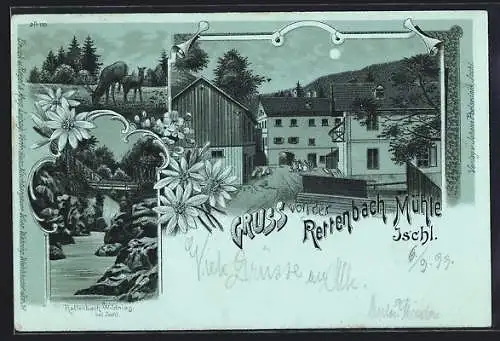 Mondschein-Lithographie Ischl, Gasthaus Rettenbach Mühle, Rettenbach-Wildnis