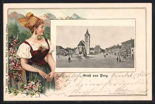 AK Perg, Hauptplatz mit Kirche, lithographiertes Passepartout mit Österreicherin in Tracht