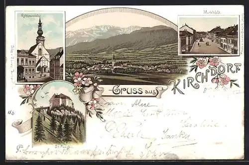 Lithographie Kirchdorf /O.-Oe., Ortsansicht, Rathausplatz, Marktplatz