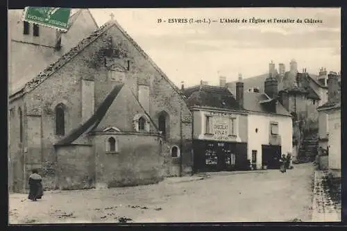 AK Esvres, L`abside de l`église et l`escalier du Château