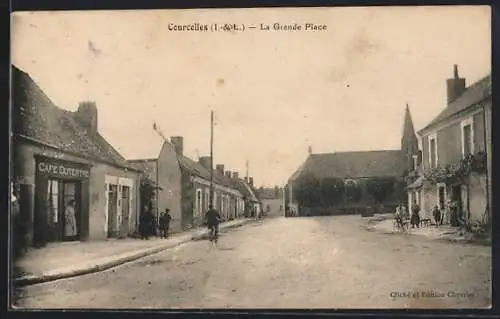 AK Courcelles, La Grande Place avec le Café Dutertre et l`église en arrière-plan