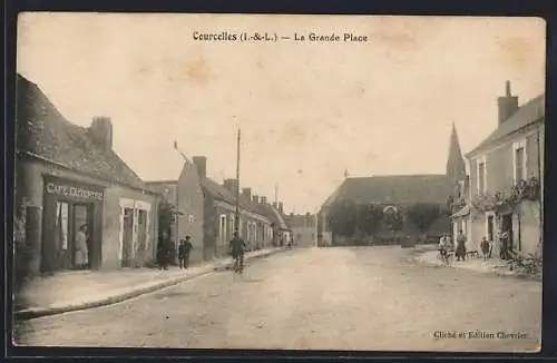 AK Courcelles, La Grande Place avec café et église