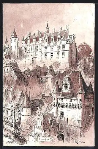 AK Loches, Dessin du château et des maisons médiévales