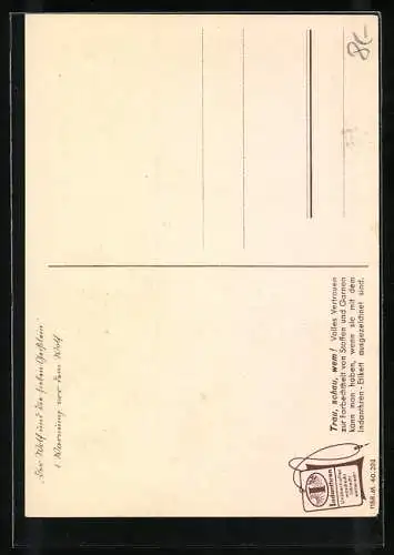 Künstler-AK Der Wolf und die sieben Geisslein, Nr. 1 Warnung vor dem Wolf, Reklame Indanthren