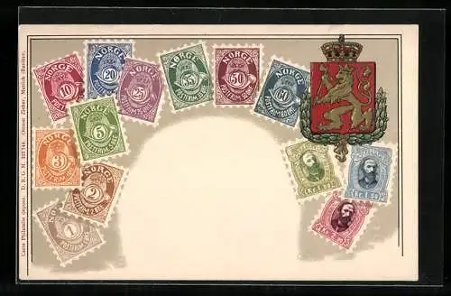 AK Norwegische Briefmarken mit Wappen