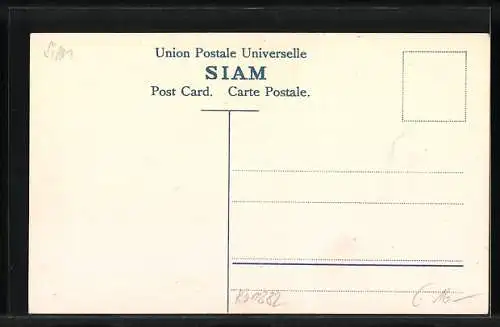 AK Siam, Briefmarken verschiedener Werte, Wappentier Elefant, Landkarte der Region