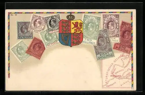 AK Briefmarken aus Gibraltar, Landkarte unten