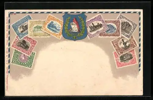 AK Guatemala, Briefmarken aus Guatemala mit Wappen