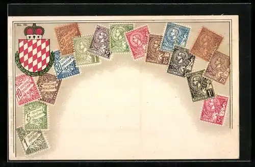 AK Monaco, Briefmarken, Wappen mit Krone