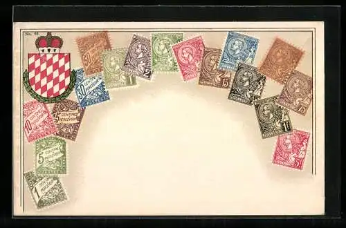 AK Monaco, Briefmarken, Wappen mit Krone