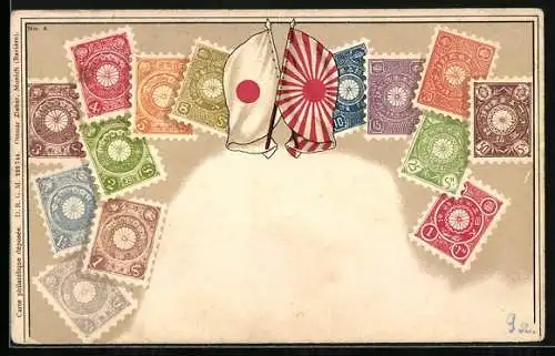 AK Japanische Briefmarken und Fahnen